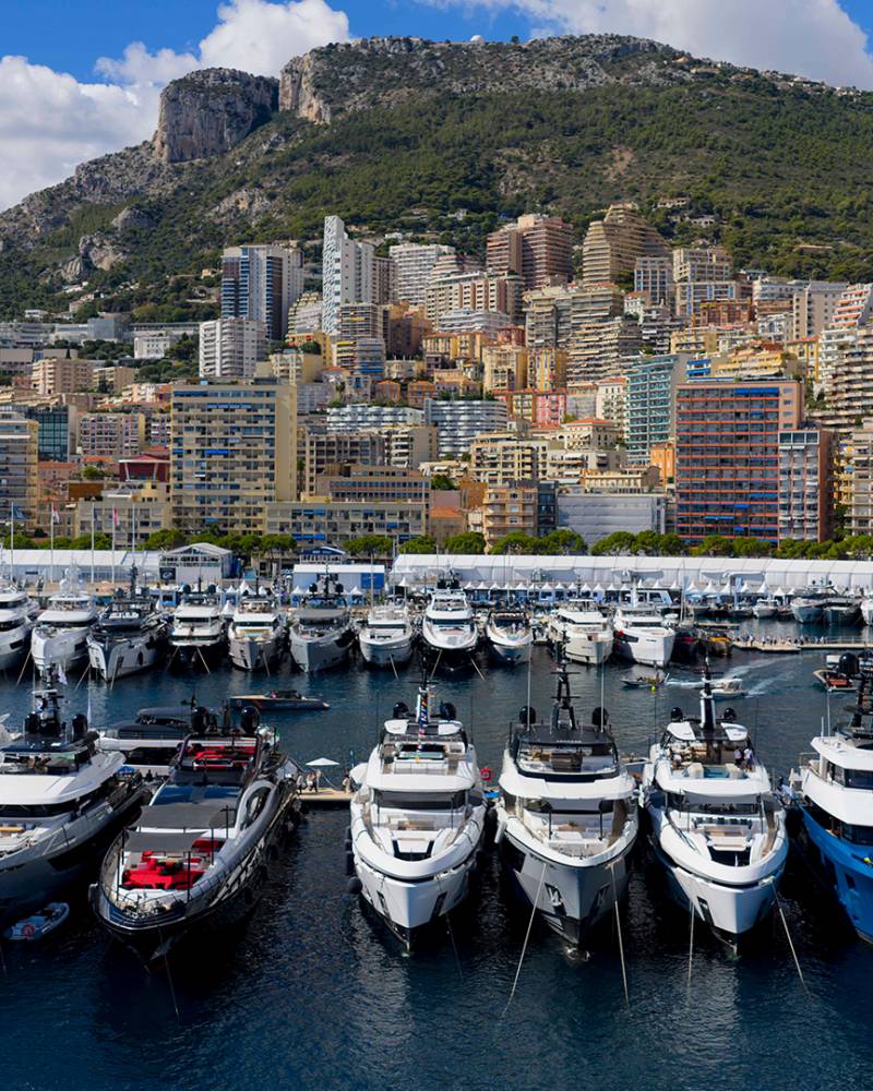 Luxurious yachts fill a harbor in the foreground, with a densely populated city and a rocky mountain rising in the background.