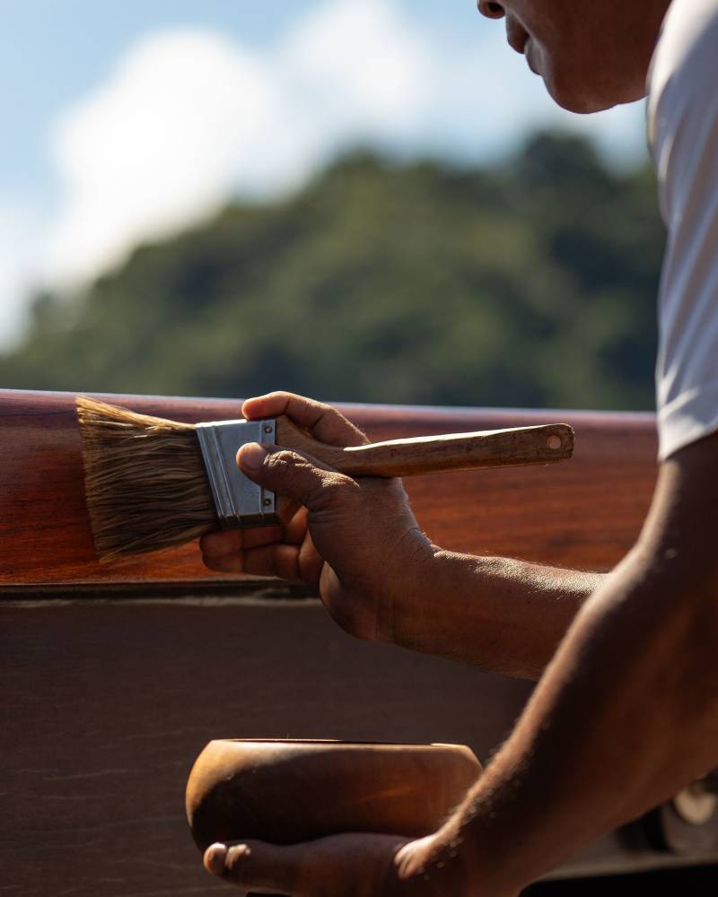 A person's hands apply varnish to a wooden surface in the foreground, with a blurred background of green foliage and a blue sky.