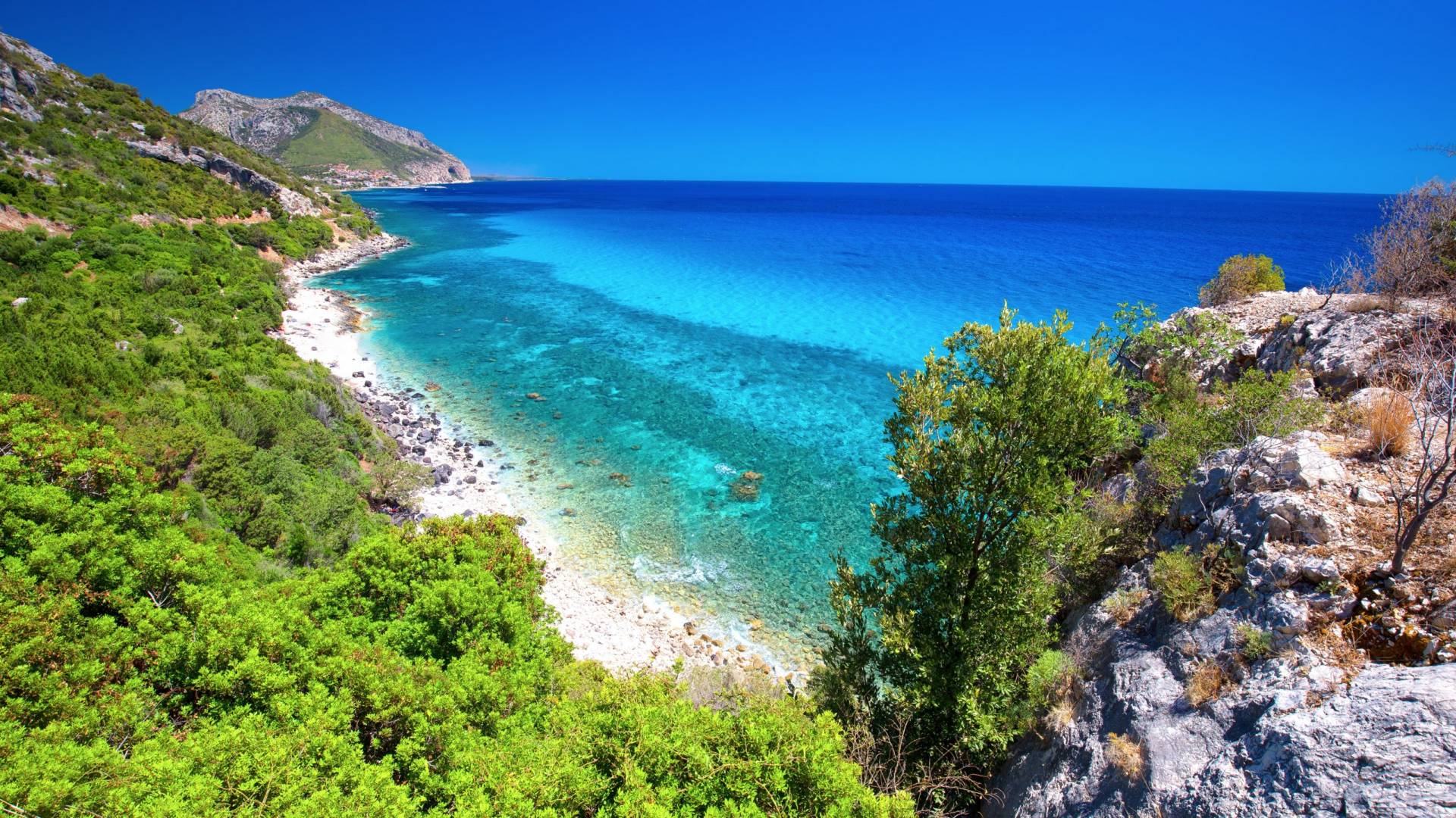 A vibrant turquoise sea meets a rocky coastline covered in lush green vegetation under a clear blue sky.