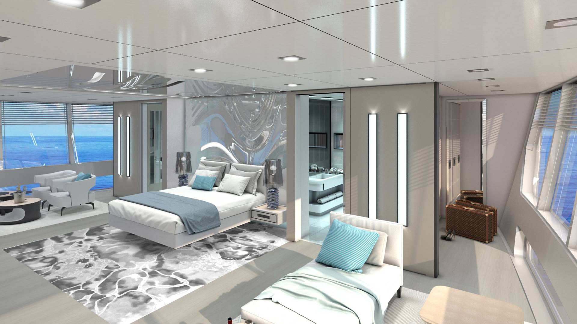 Luxurious yacht interiors offer a serene retreat with ocean views and elegant furnishings.
