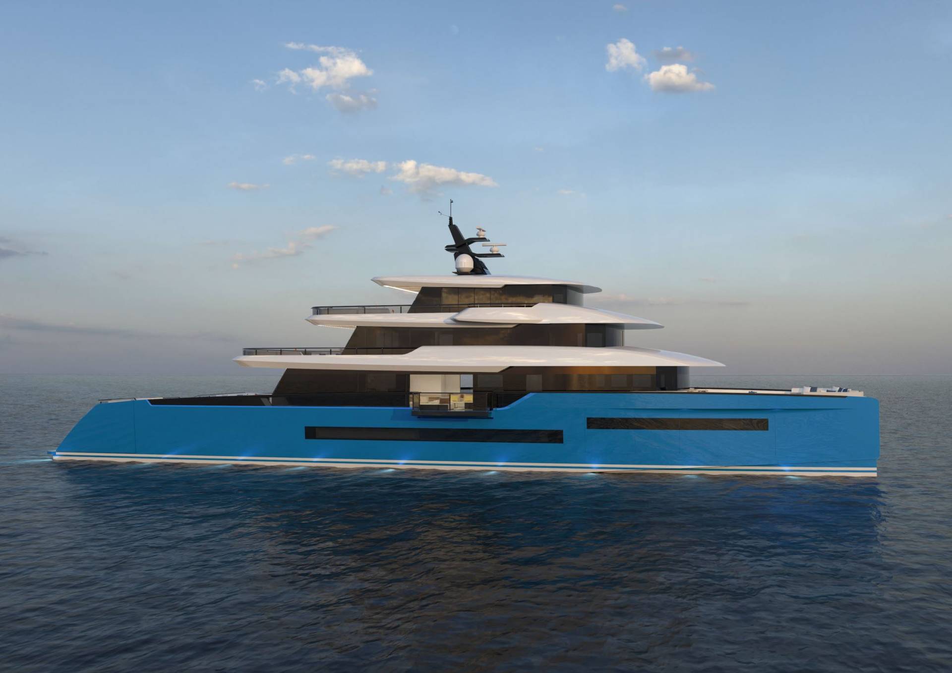 A sleek, modern blue yacht glides across calm waters under a sky dotted with soft clouds.