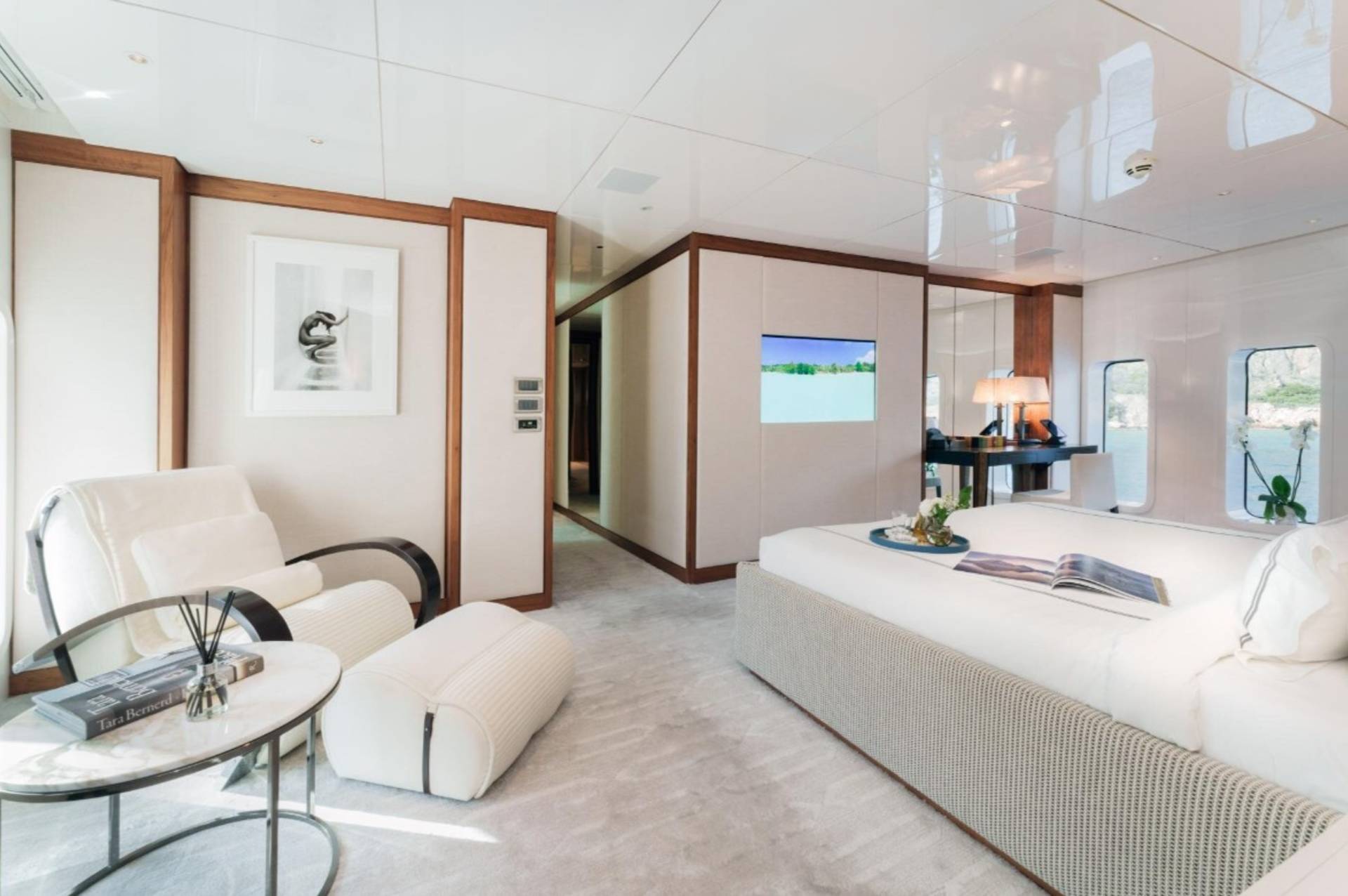 Luxurious yacht interiors offer a serene retreat with elegant furnishings and stunning ocean views.