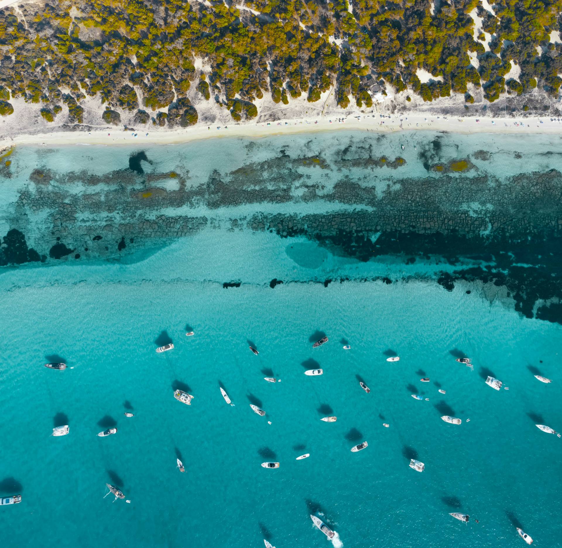 Numerous small boats dot the turquoise water in the foreground, with a sandy beach and dense vegetation forming the background.