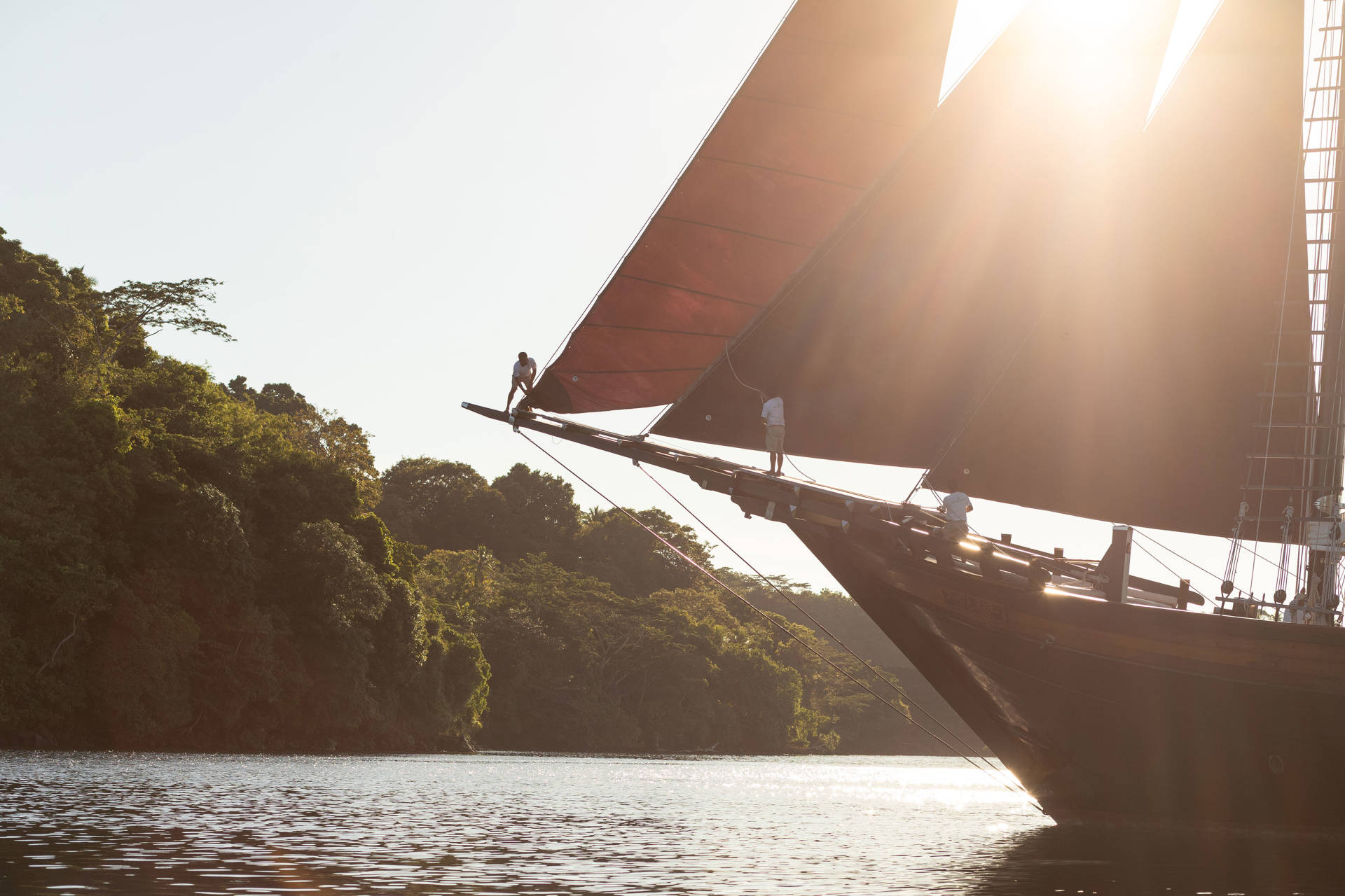A majestic wooden sailboat with dark sails glides through calm waters, with a lush, green coastline bathed in the warm glow of the setting sun.