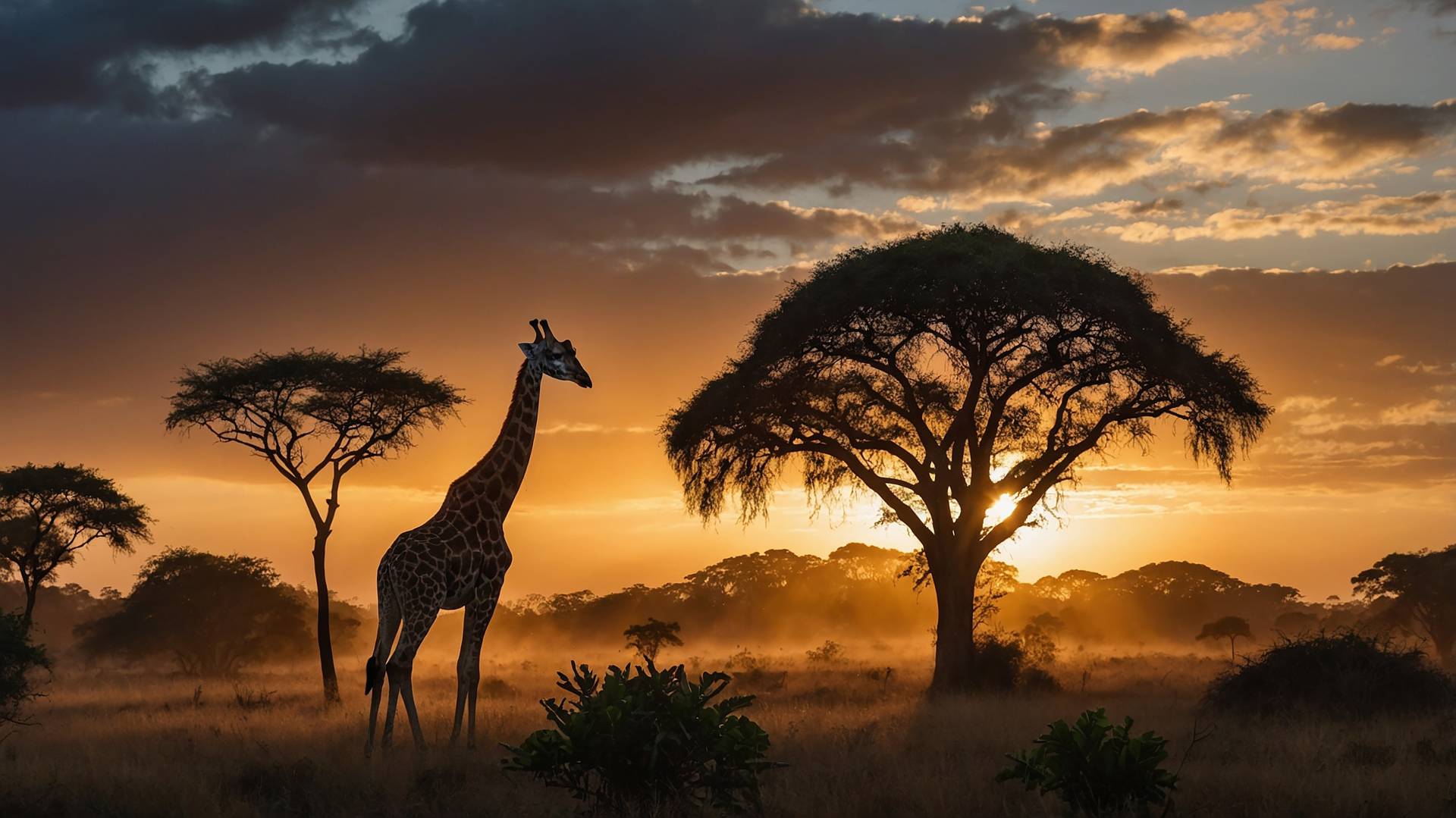 A lone giraffe stands in a misty savanna at sunset, silhouetted against a dramatic sky with acacia trees.