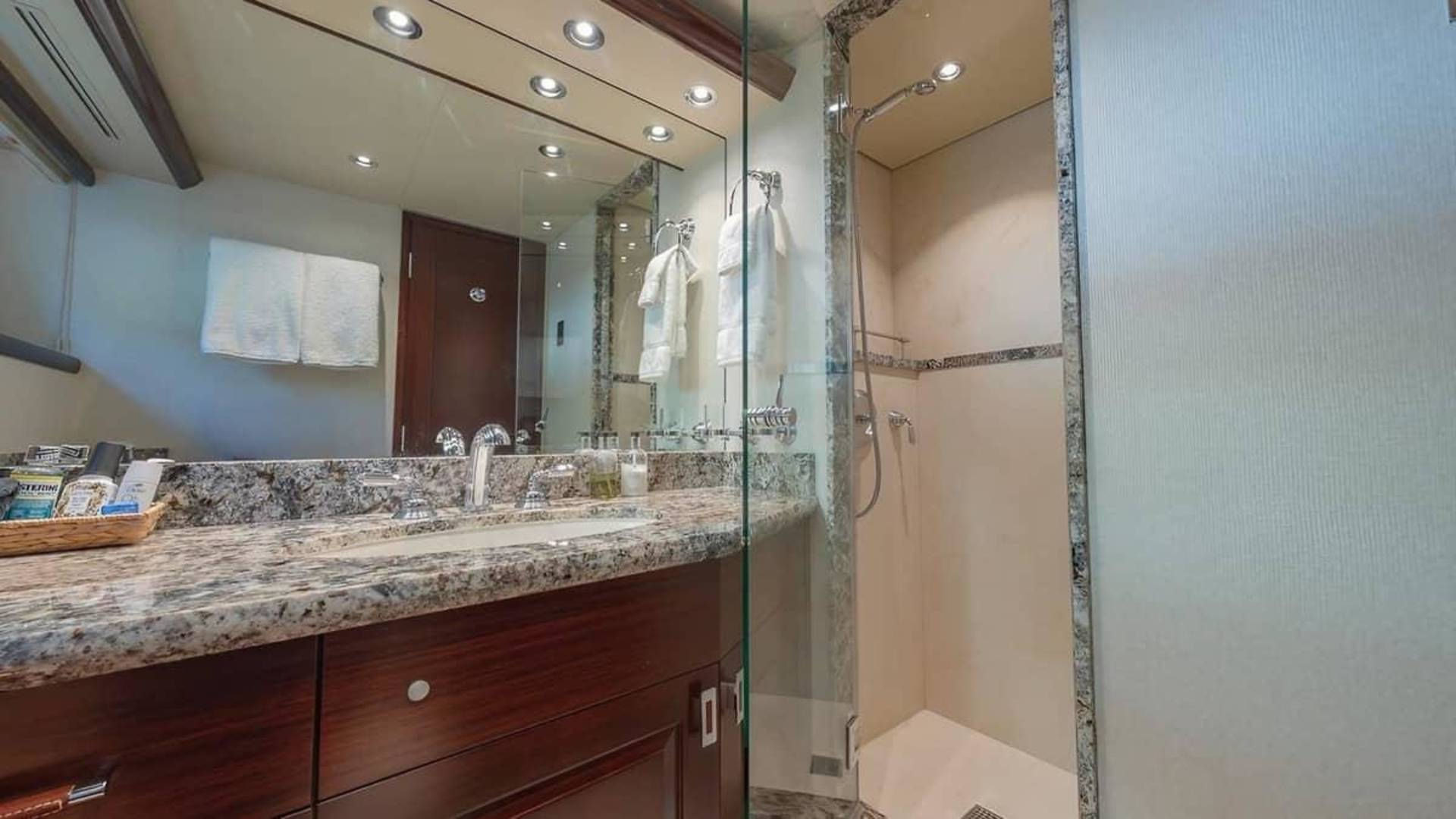 A granite countertop with a sink and toiletries sits in the foreground, while a glass-enclosed shower and a mirrored wall are visible in the background.