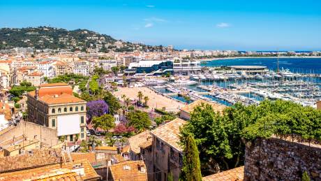 A picturesque view of Cannes, France, showcases its vibrant harbor filled with yachts against a backdrop of charming buildings and lush green hills.