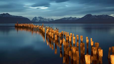 Birds perch on weathered wooden pilings reflected in the still, twilight waters of a calm bay with snow-capped mountains in the distance.