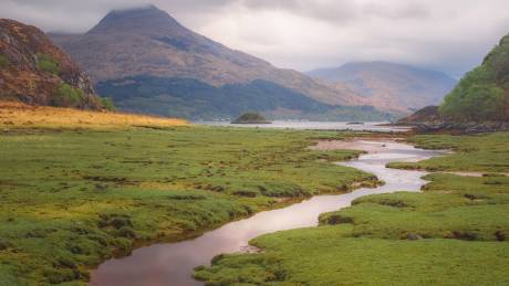 A winding stream meanders through a lush green meadow towards a tranquil bay framed by majestic, cloud-shrouded mountains.
