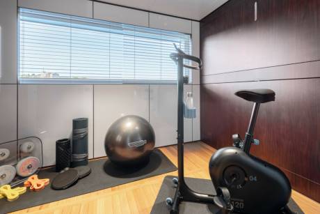 A modern home gym features an exercise bike, a large stability ball, and various fitness accessories neatly arranged on a wooden floor.