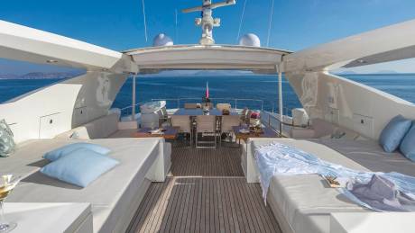 Relax on the spacious deck of this luxury yacht, surrounded by the azure sea and a clear blue sky.