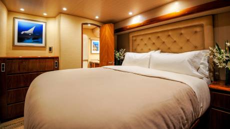 Luxurious yacht accommodations feature a plush bed, elegant wood accents, and a captivating underwater art piece.