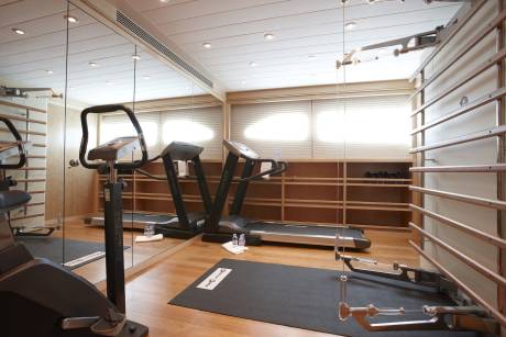 This well-equipped home gym features treadmills, an exercise bike, and a wooden wall-mounted ladder for a complete workout.