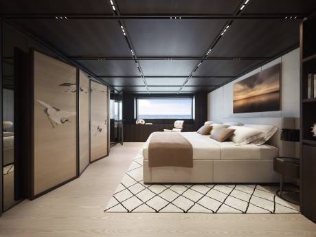 This luxurious yacht bedroom offers serene ocean views and elegant Japanese crane-inspired cabinetry.