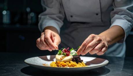 A chef meticulously garnishes a beautifully plated dish with fresh herbs and berries.