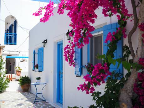 Vibrant pink bougainvillea cascades over a whitewashed building with bright blue shutters in a picturesque Mediterranean setting.