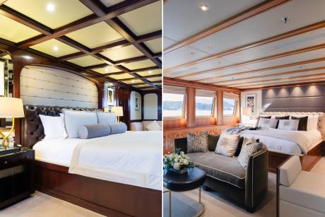 Luxurious bedrooms with plush beds and seating areas are featured in both halves of the image, with the background revealing windows overlooking a serene body of water.