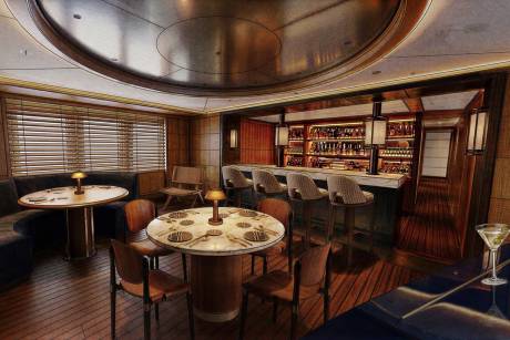 In the foreground, round tables with chairs are set for dining, while the background features a well-stocked bar with stools and ambient lighting.