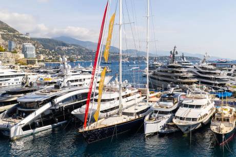 Numerous luxury yachts and sailboats are docked in a harbor, with a mountainous coastal city and clear blue sky in the background.