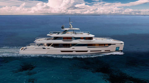 A luxurious white yacht glides through the deep blue ocean under a sky filled with dramatic clouds.
