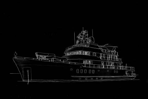 This stark white-line drawing captures the imposing silhouette of a modern superyacht against a deep black background.