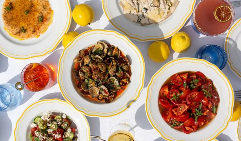 A vibrant spread of Italian dishes, including clams, carpaccio, and tomato salad, is set against a bright white tablecloth with lemons and drinks.