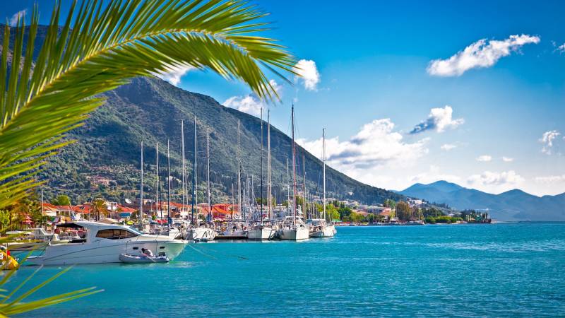 A serene harbor filled with sailboats and yachts is nestled at the base of a lush, verdant mountain under a bright blue sky.