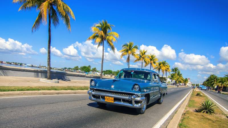 A classic blue American car cruises down a palm-lined street under a bright blue sky.
