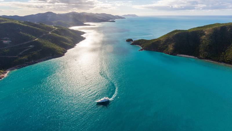 A sleek white yacht carves a white wake through the impossibly blue waters of a tropical bay.